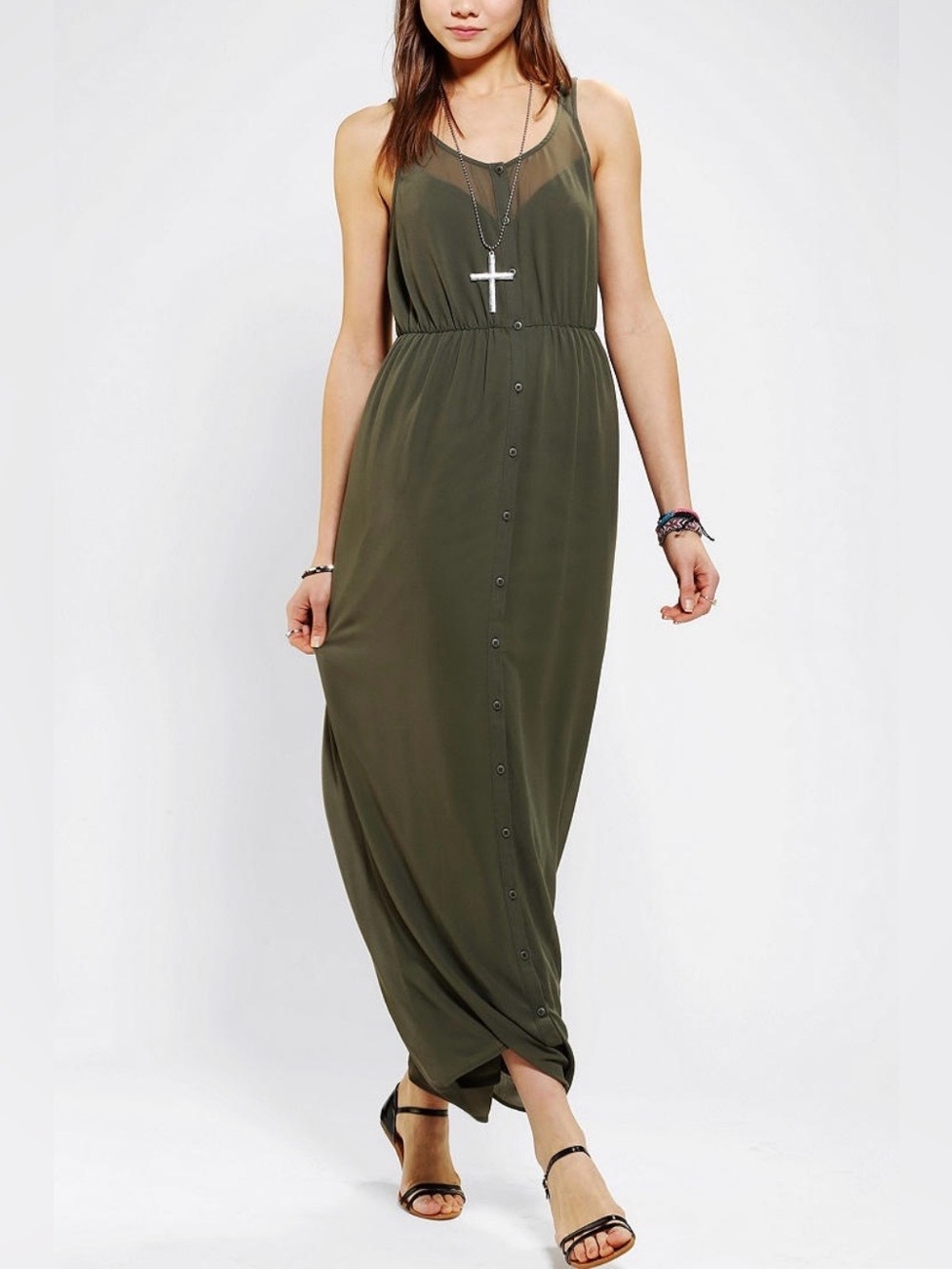 Sparkle & Fade Olive Green Sleeveless Button-Front Maxi Dress